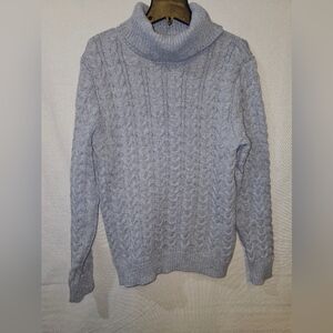 Cozy Light Gray Cable Knit Turtleneck Sweater